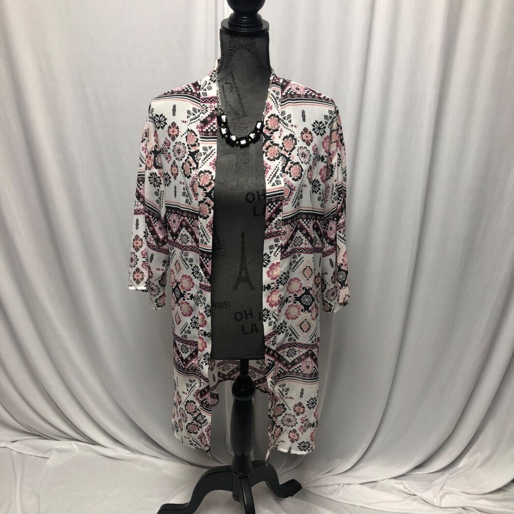 Wallflower Kimono Womens Size Medium White Black Pink Sheer Open Front Cardigan